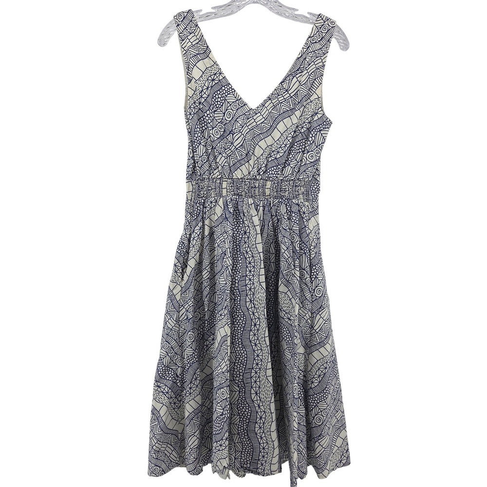 eShakti Midi Dress 10 Blue White Geometric Doodle Print Sleeveless Boho Mod - Picture 3 of 7